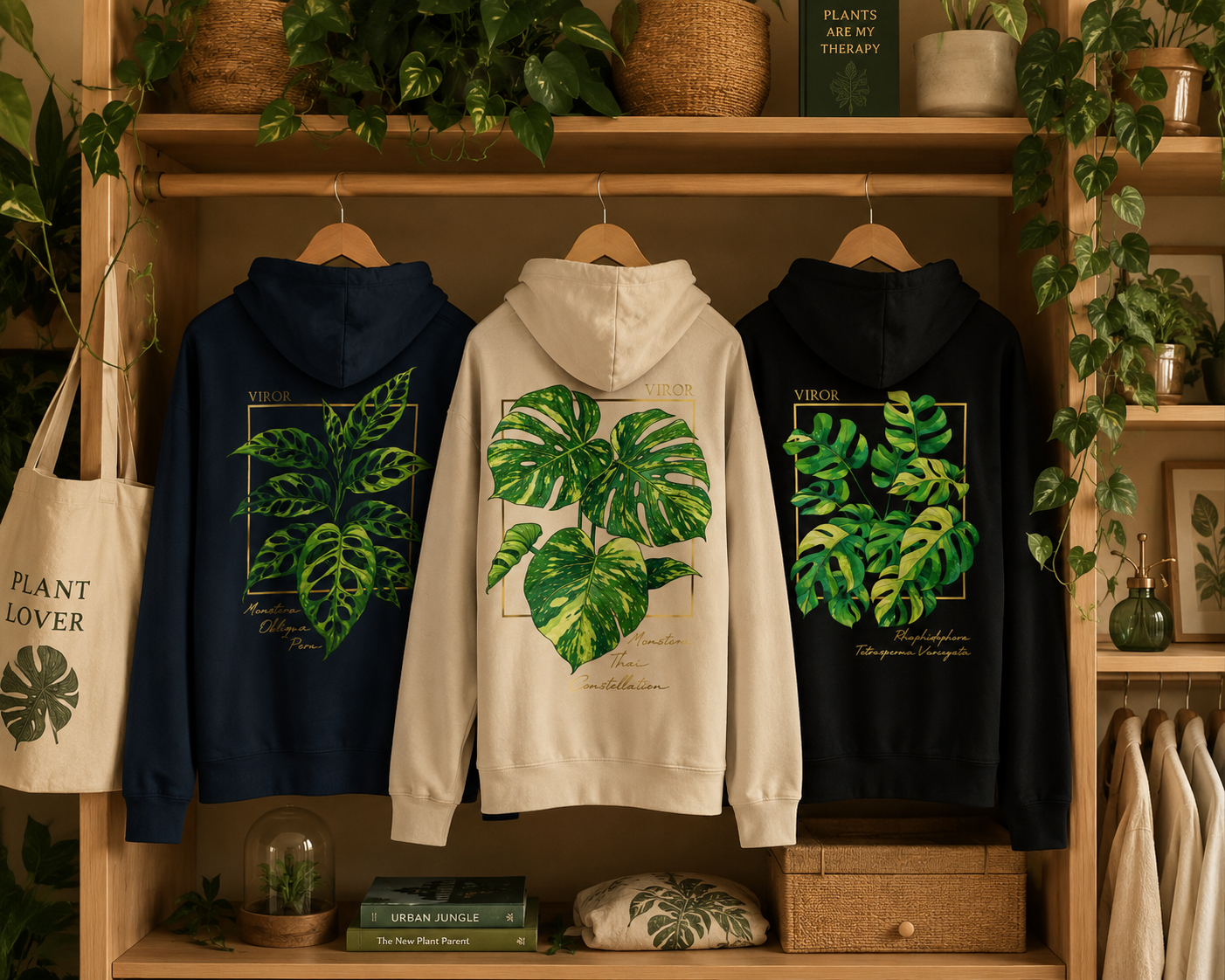 Illustration de trois hoodies pour plant lovers de la marque viror dans une garde robe.