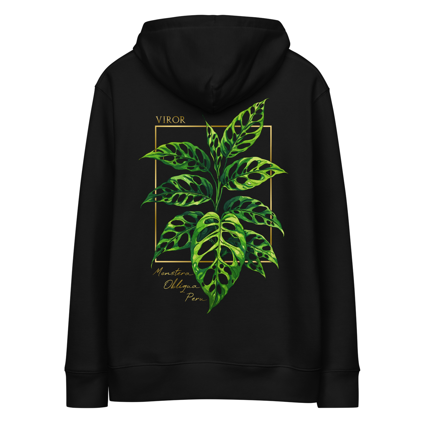 Hoodie noir en coton bio avec illustration de plante rare monstera obliqua peru par Viror