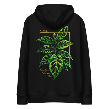Hoodie noir en coton bio avec illustration de plante rare monstera obliqua peru par Viror