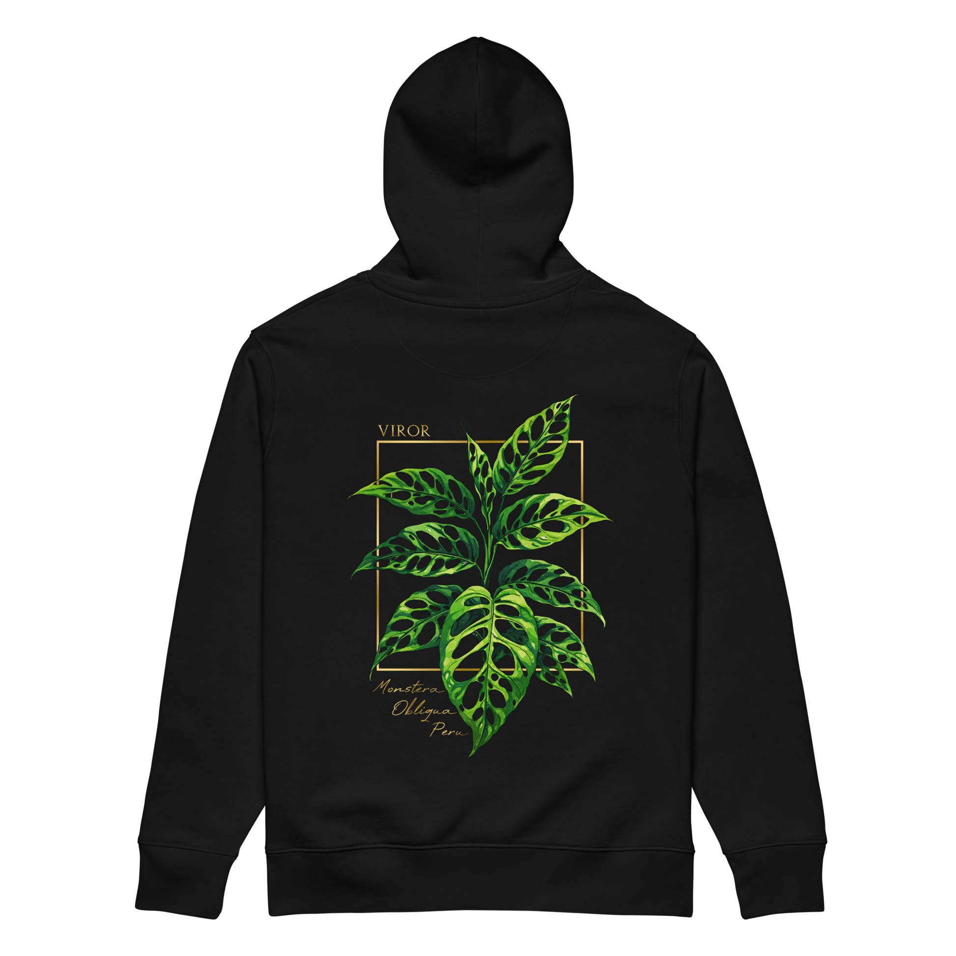 Hoodie noir en coton bio avec illustration de plante rare monstera obliqua peru par Viror