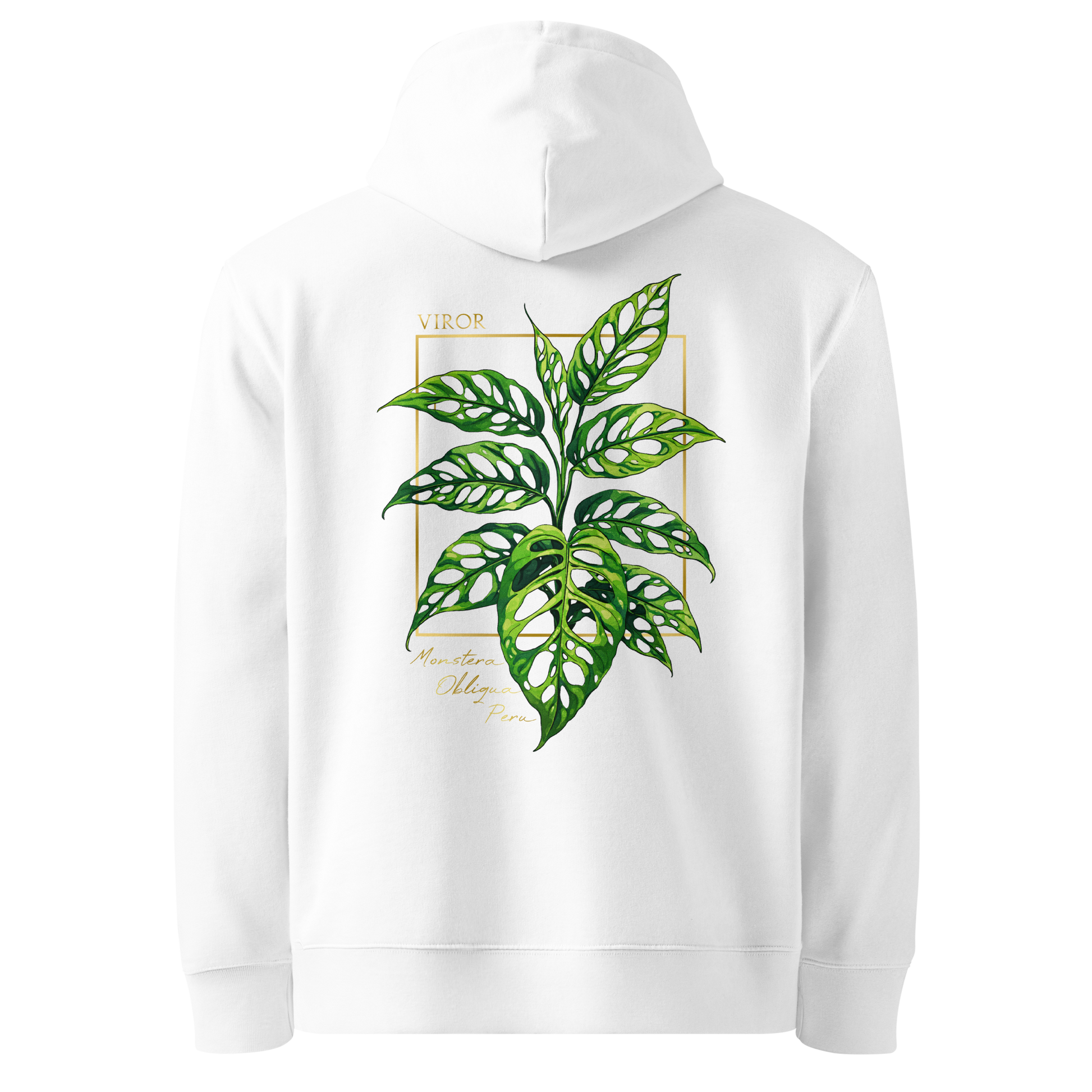 Hoodie blanc en coton bio avec illustration de plante rare monstera obliqua peru par Viror