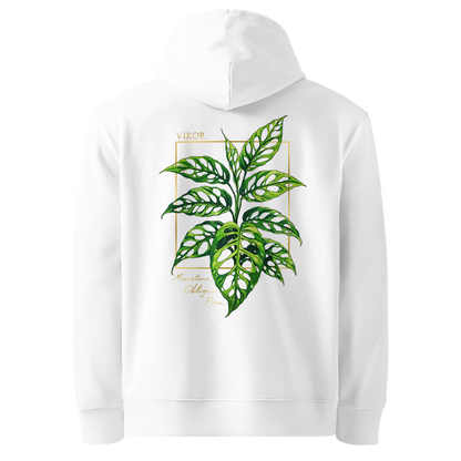 Hoodie blanc en coton bio avec illustration de plante rare monstera obliqua peru par Viror