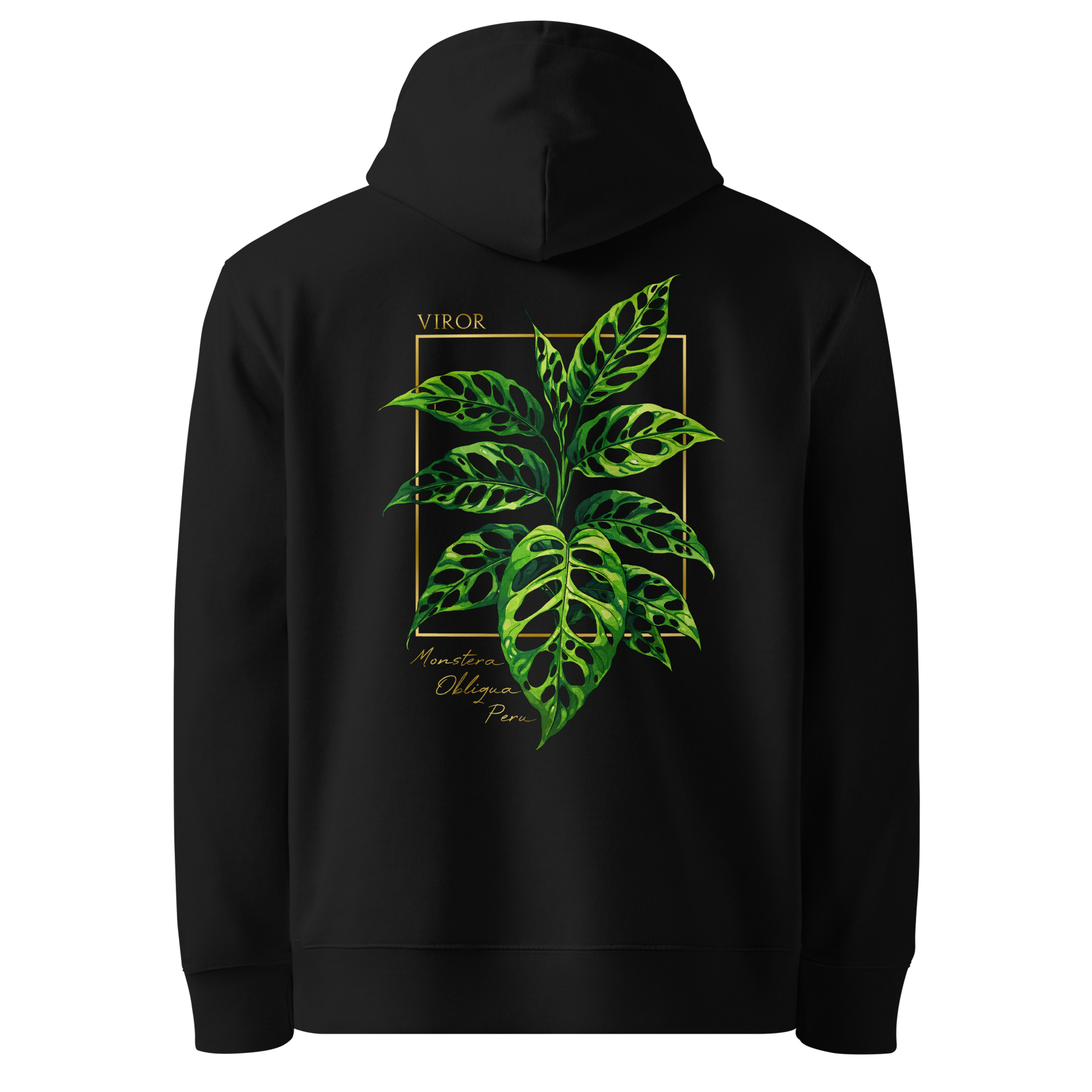Hoodie noir en coton bio avec illustration de plante rare monstera obliqua peru par Viror