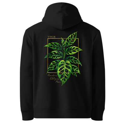 Hoodie noir en coton bio avec illustration de plante rare monstera obliqua peru par Viror