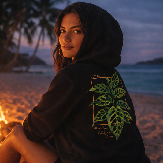 Hoodie noir en coton bio avec illustration de plante rare monstera obliqua peru par Viror