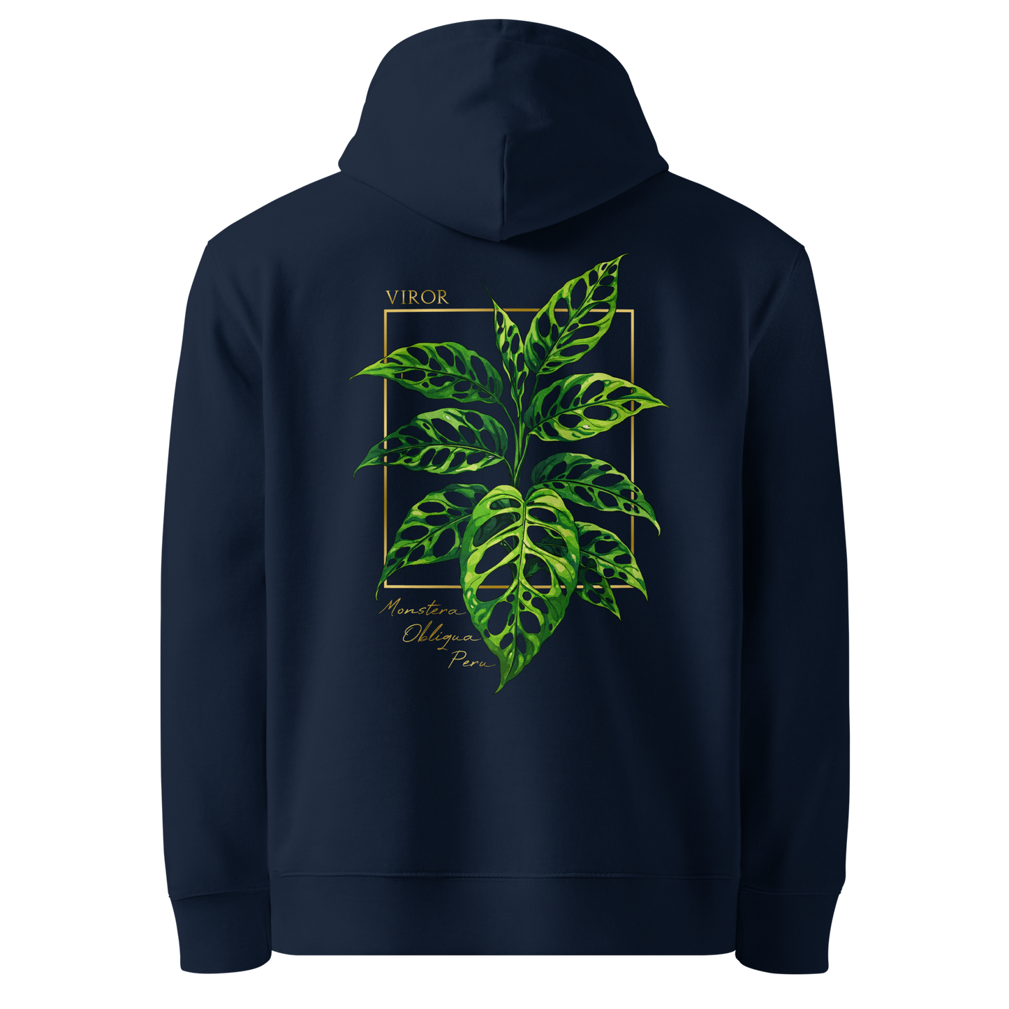Hoodie bleu marine en coton bio avec illustration de plante rare monstera obliqua peru par Viror