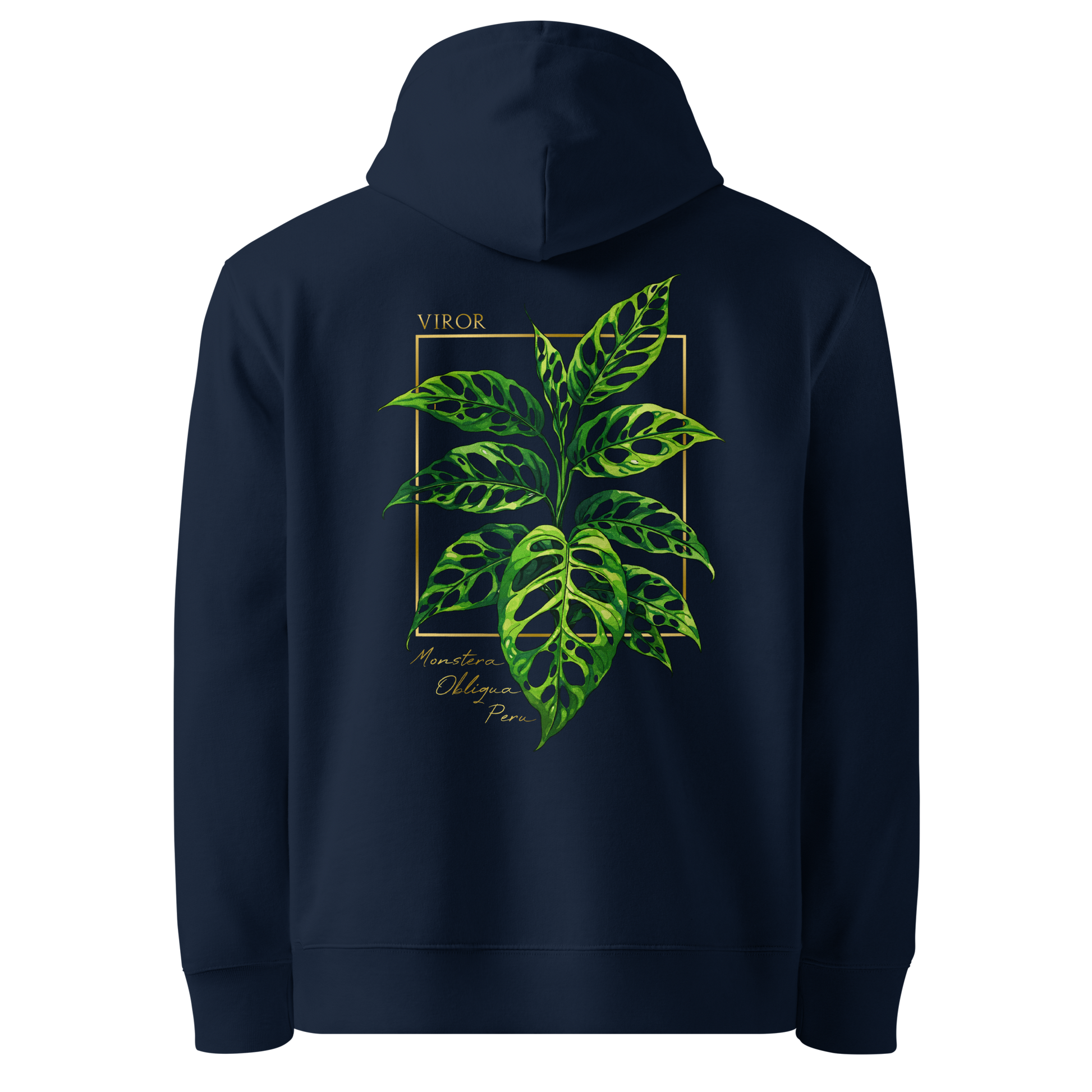 Hoodie bleu marine en coton bio avec illustration de plante rare monstera obliqua peru par Viror