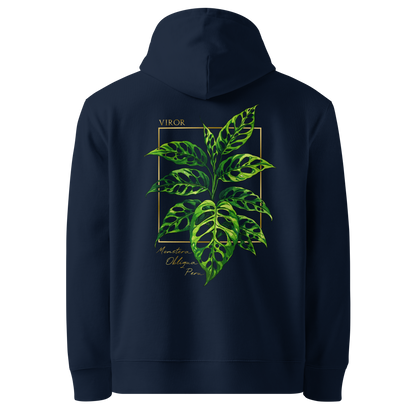 Hoodie bleu marine en coton bio avec illustration de plante rare monstera obliqua peru par Viror