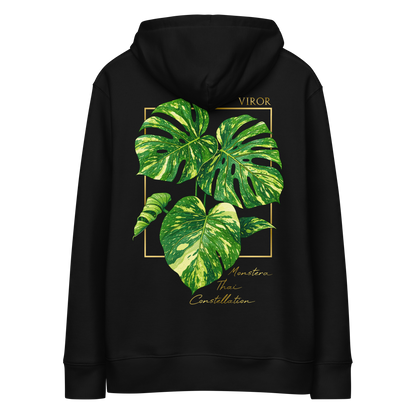 Hoodie noir de dos en coton bio avec illustration de plante rare Monstera thai constellation par Viror