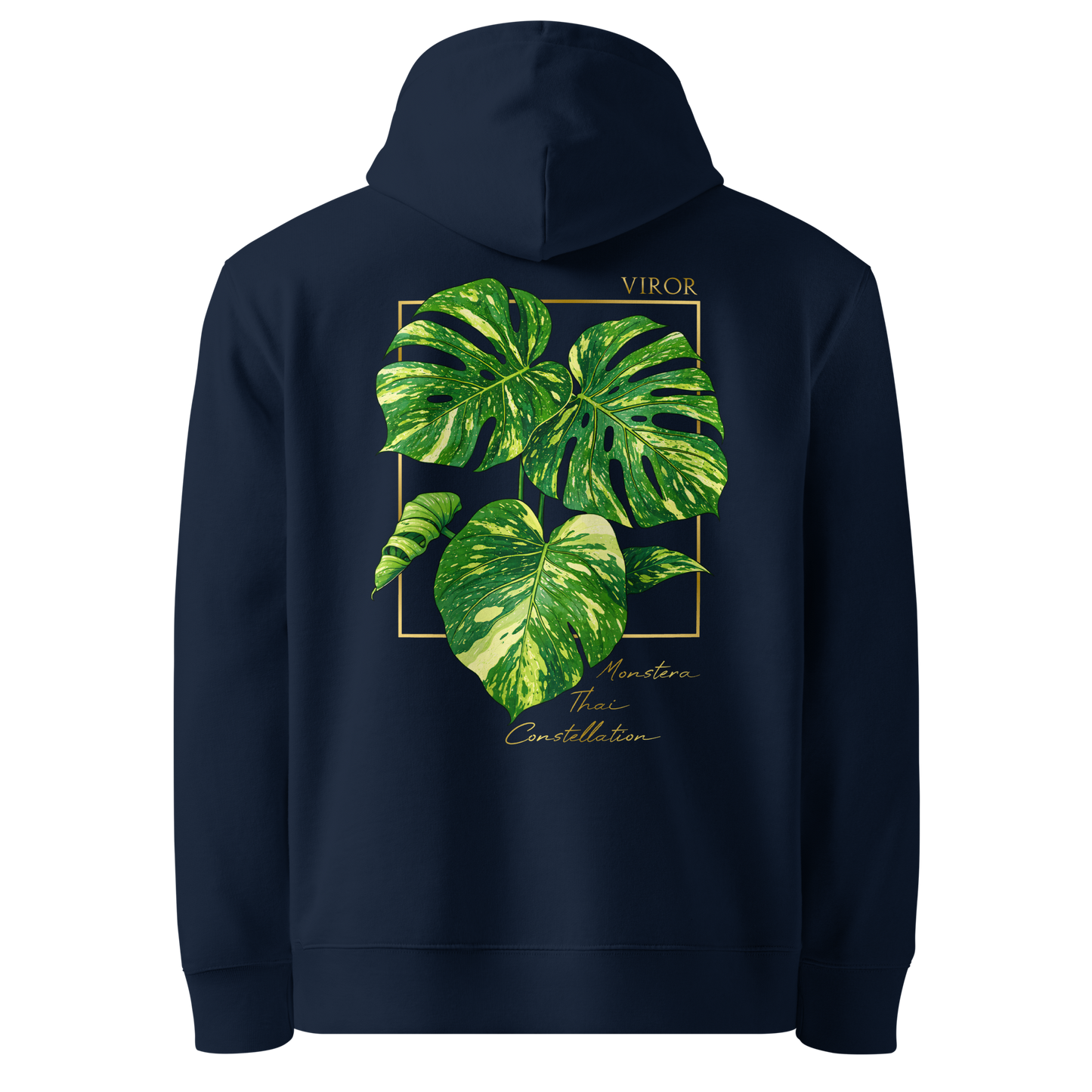 Hoodie bleu marine en coton bio avec illustration de plante rare Monstera thai constellation par Viror
