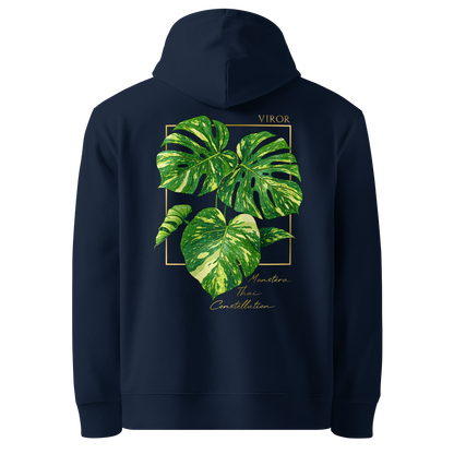 Hoodie bleu marine en coton bio avec illustration de plante rare Monstera thai constellation par Viror