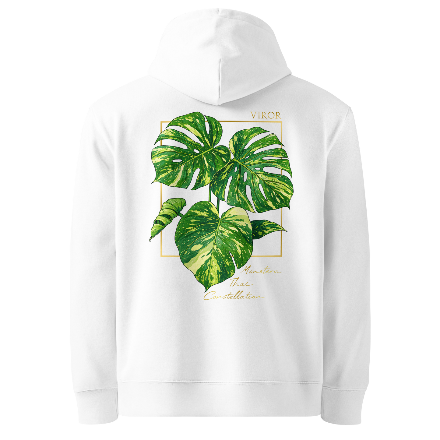 Hoodie blanc en coton bio avec illustration de plante rare Monstera thai constellation par Viror