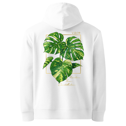 Hoodie blanc en coton bio avec illustration de plante rare Monstera thai constellation par Viror