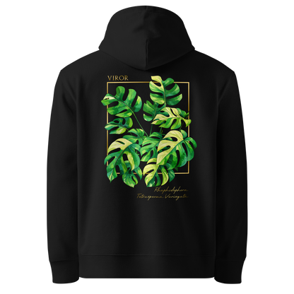 Hoodie bleu marine en coton bio avec illustration de plante rare Rhaphidophora Tetrasperma Variegata par Viror.