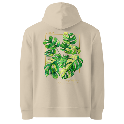 Hoodie bleu marine en coton bio avec illustration de plante rare Rhaphidophora Tetrasperma Variegata par Viror.