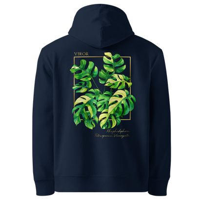 Hoodie bleu marine en coton bio avec illustration de plante rare Rhaphidophora Tetrasperma Variegata par Viror.