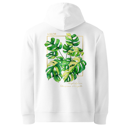 Hoodie bleu marine en coton bio avec illustration de plante rare Rhaphidophora Tetrasperma Variegata par Viror.