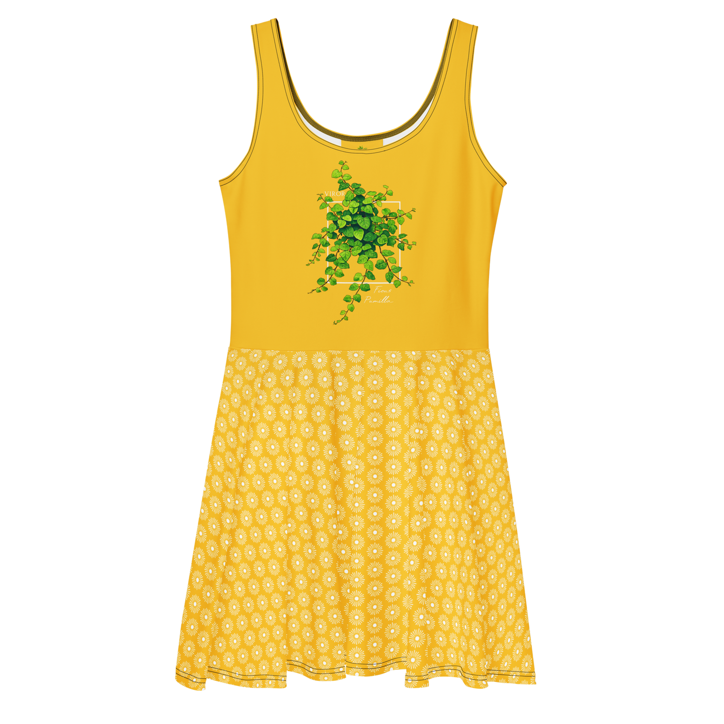 Robe patineuse jaune tournesol sans manches avec illustration de plante grimpante Ficus Pumila sur le buste et jupe à motif floral blanc