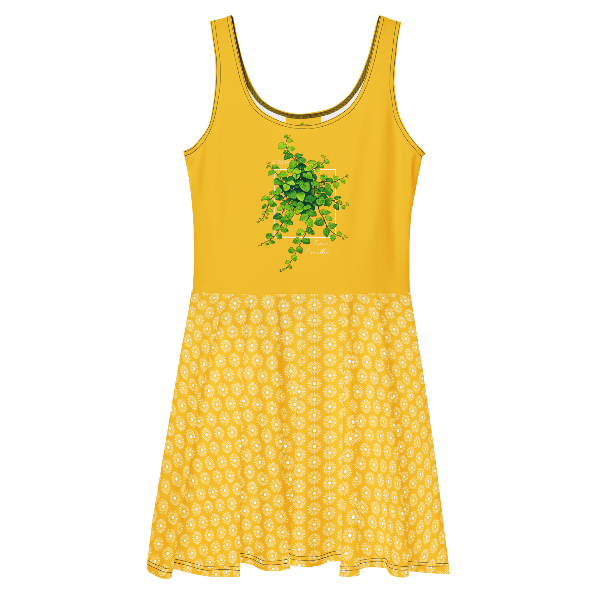 Robe patineuse jaune tournesol sans manches avec illustration de plante grimpante Ficus Pumila sur le buste et jupe à motif floral blanc