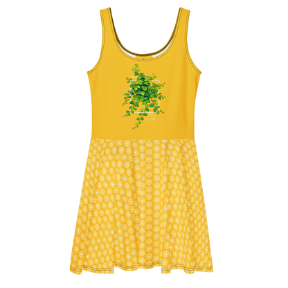 Robe patineuse jaune tournesol sans manches avec illustration de plante grimpante Ficus Pumila sur le buste et jupe à motif floral blanc