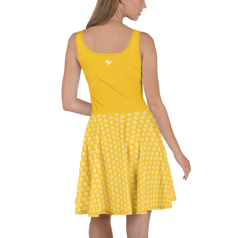 Robe d'été jaune évasée style "skater dress" avec imprimé du logo Viror au dos et bas à motifs géométriques blancs.