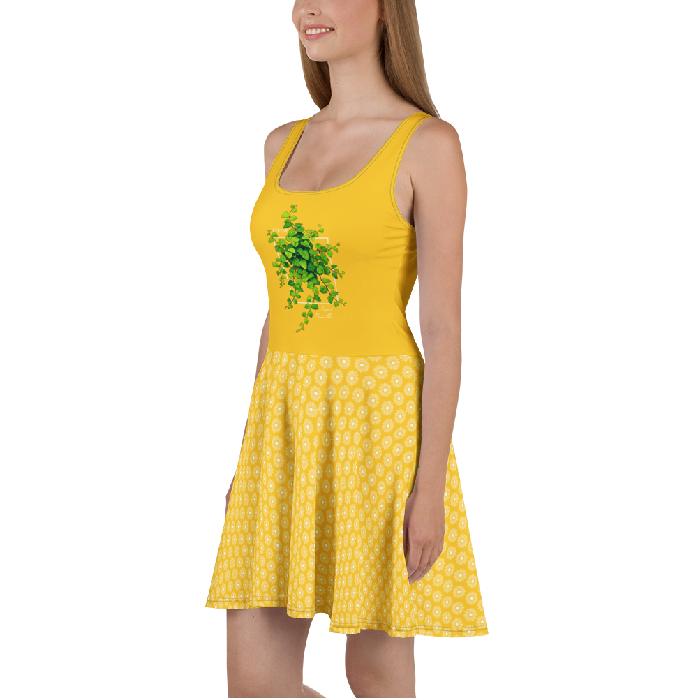 Robe patineuse jaune tournesol sans manches avec illustration de plante grimpante Ficus Pumila sur le buste et jupe à motif floral blanc