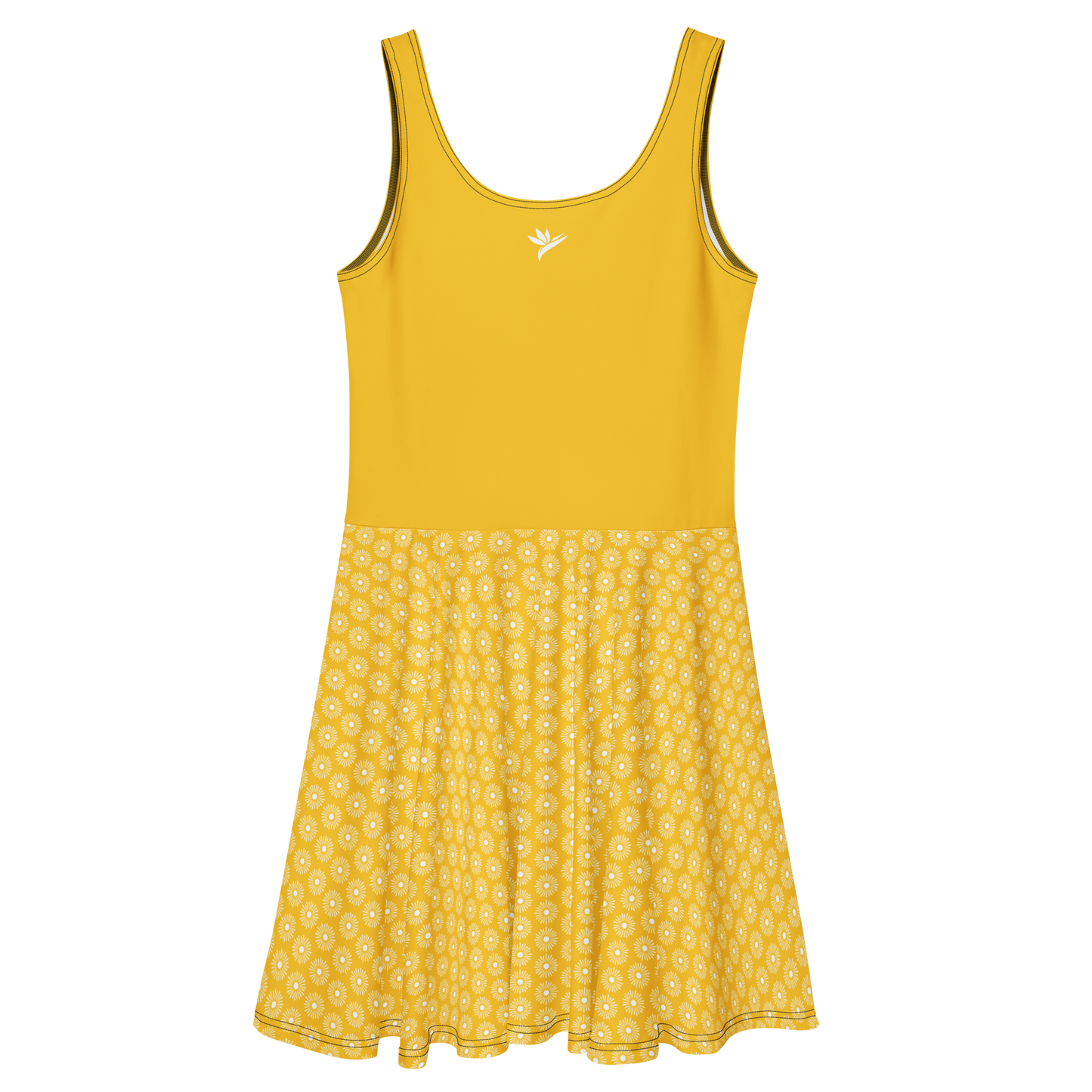 dos de Robe patineuse jaune tournesol sans manches avec logo de la marque Viror dans le dos et jupe à motif floral blanc