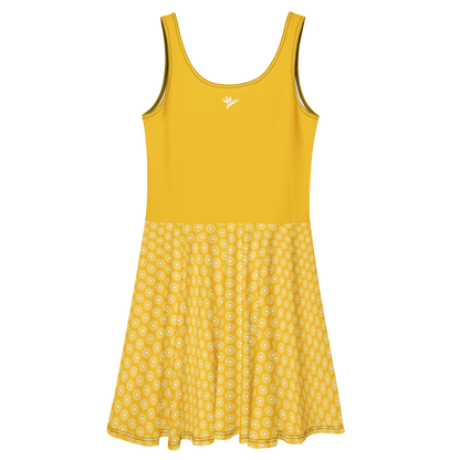dos de Robe patineuse jaune tournesol sans manches avec logo de la marque Viror dans le dos et jupe à motif floral blanc