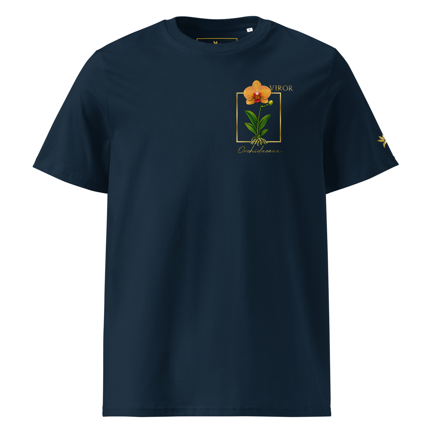 T-shirt bleu en coton biologique avec un imprimé "pocket print" représentant une orchidée Orchidaceae détaillée dans un cadre doré avec le logo VIROR.