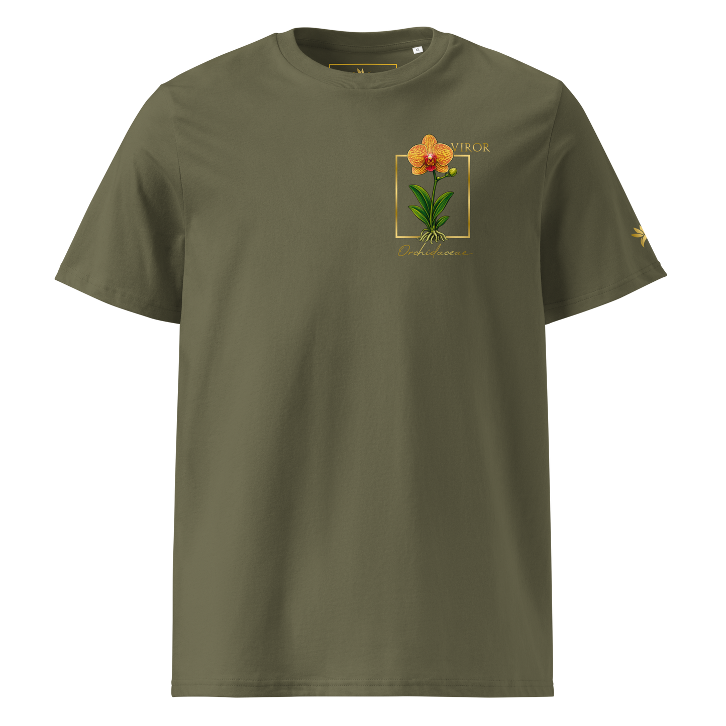 T-shirt vert en coton biologique avec un imprimé "pocket print" représentant une orchidée Orchidaceae détaillée dans un cadre doré avec le logo VIROR.