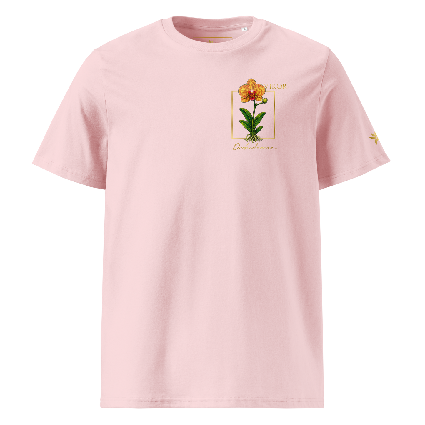 T-shirt rose en coton biologique avec un imprimé "pocket print" représentant une orchidée Orchidaceae détaillée dans un cadre doré avec le logo VIROR.