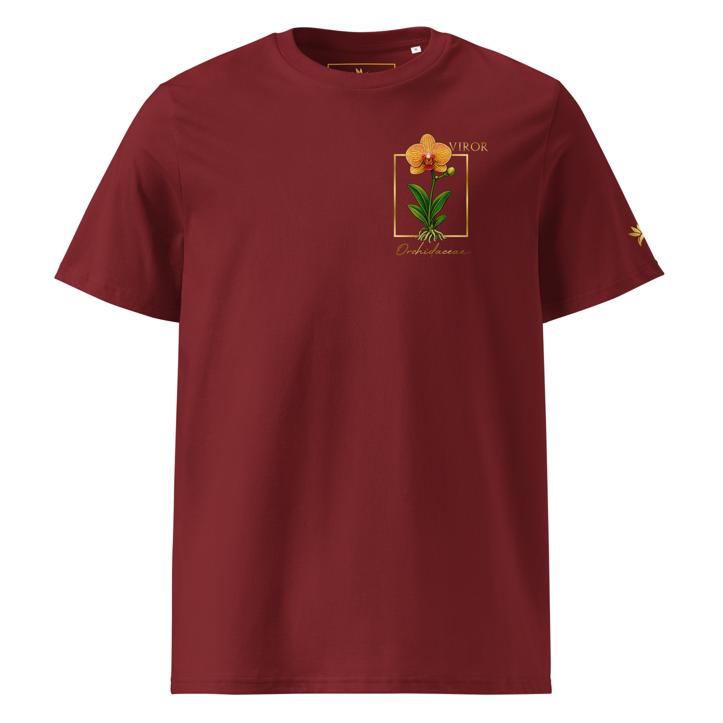 T-shirt rouge en coton biologique avec un imprimé "pocket print" représentant une orchidée Orchidaceae détaillée dans un cadre doré avec le logo VIROR.