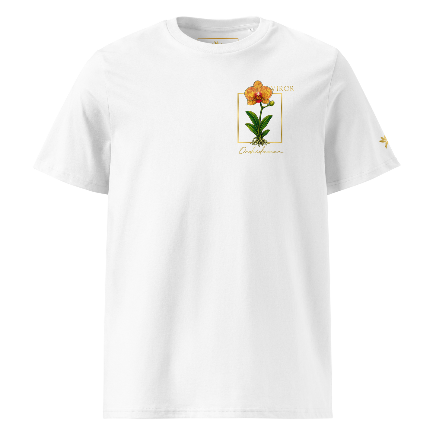 T-shirt blanc en coton biologique avec un imprimé "pocket print" représentant une orchidée Orchidaceae détaillée dans un cadre doré avec le logo VIROR.