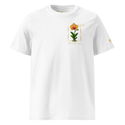 T-shirt blanc en coton biologique avec un imprimé "pocket print" représentant une orchidée Orchidaceae détaillée dans un cadre doré avec le logo VIROR.