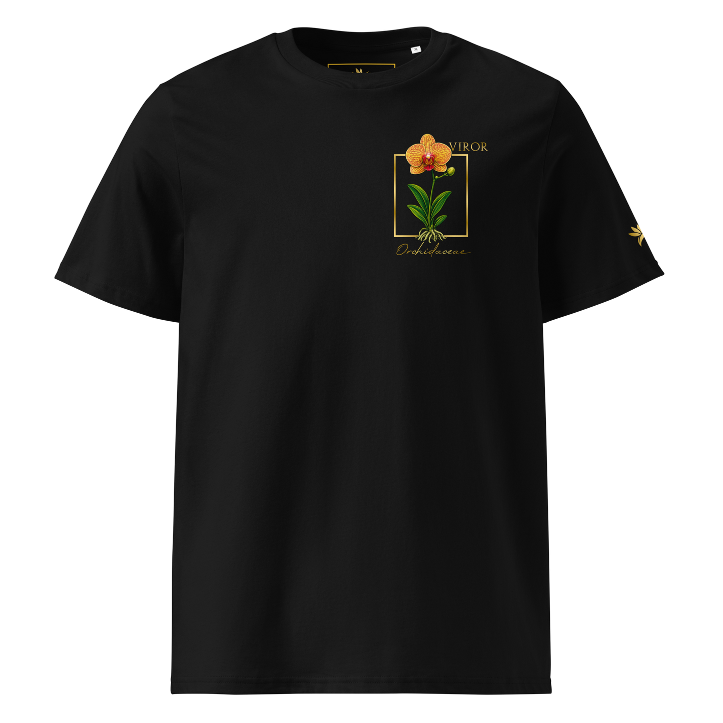 T-shirt noir en coton biologique avec un imprimé "pocket print" représentant une orchidée Orchidaceae détaillée dans un cadre doré avec le logo VIROR.