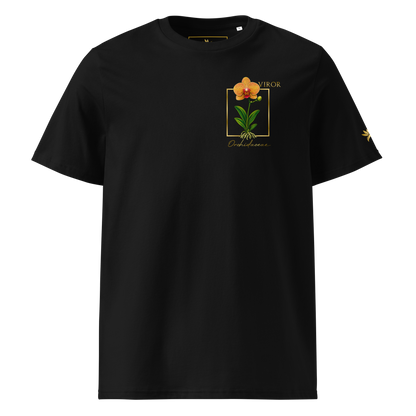 T-shirt noir en coton biologique avec un imprimé "pocket print" représentant une orchidée Orchidaceae détaillée dans un cadre doré avec le logo VIROR.